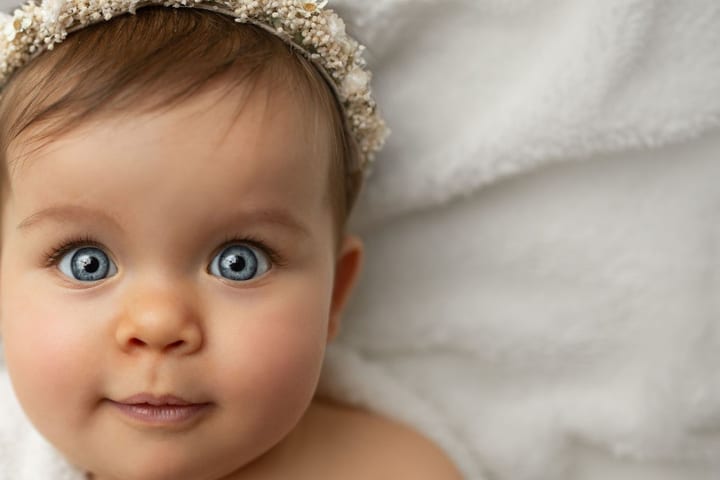Baby mit Blütenkranz lächelt aus einer weichen weißen Decke